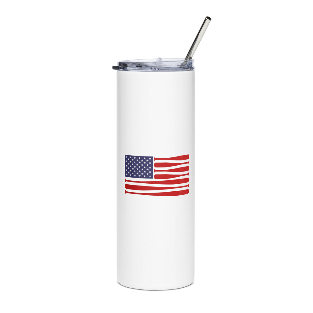 White tumbler with American flag design and metal straw on a white background