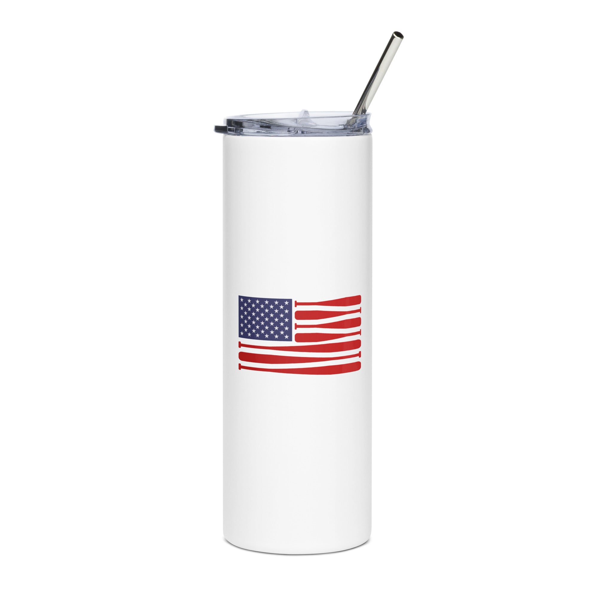 White tumbler with American flag design and metal straw on a white background