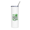 White tumbler with 'Happy St. Patrick's Day' text and green design on a white background