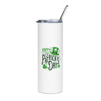 White tumbler with 'Happy St. Patrick's Day' text and green design on a white background