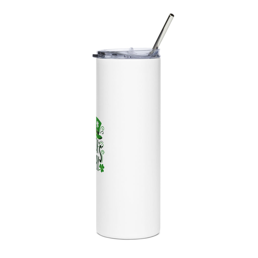 White tumbler with a metal straw on a white background