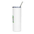 White tumbler with a metal straw on a white background