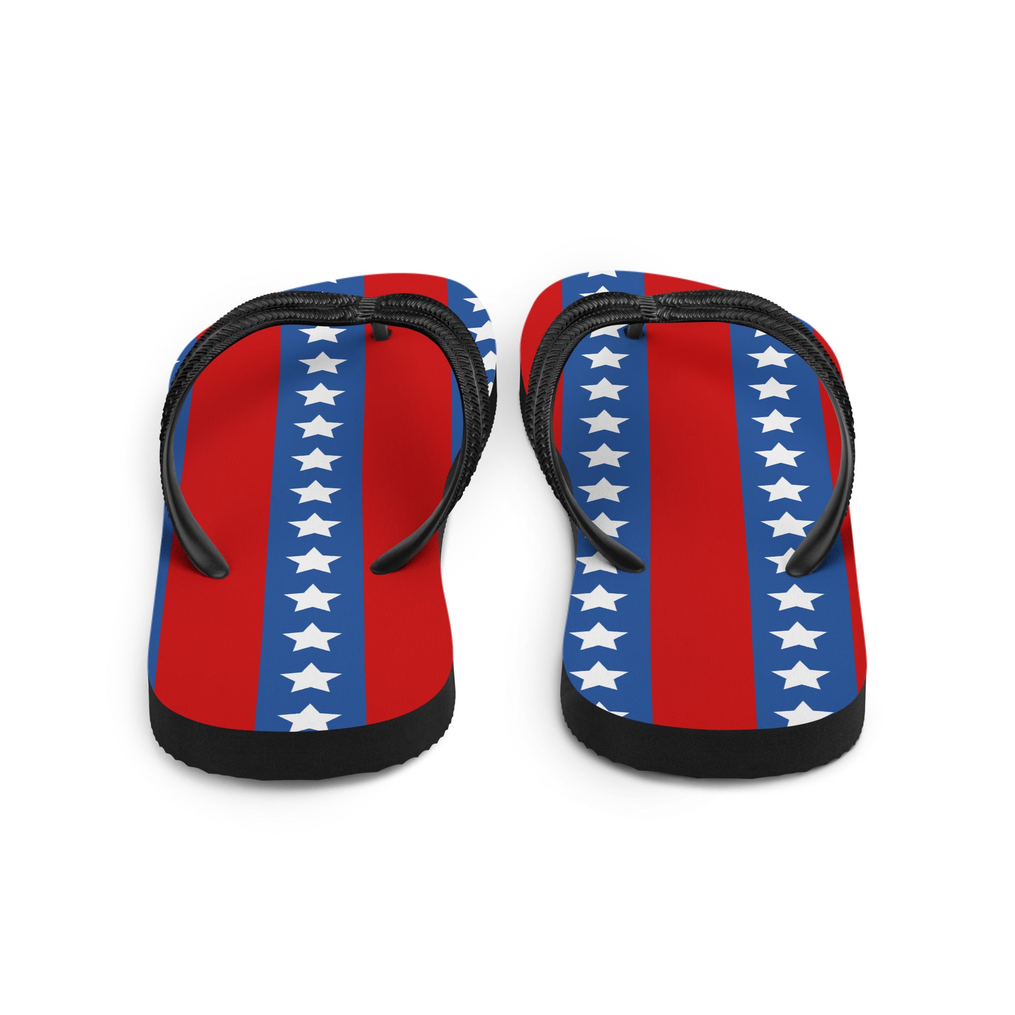 Pair of red, white, and blue striped sandals with star pattern on a white background