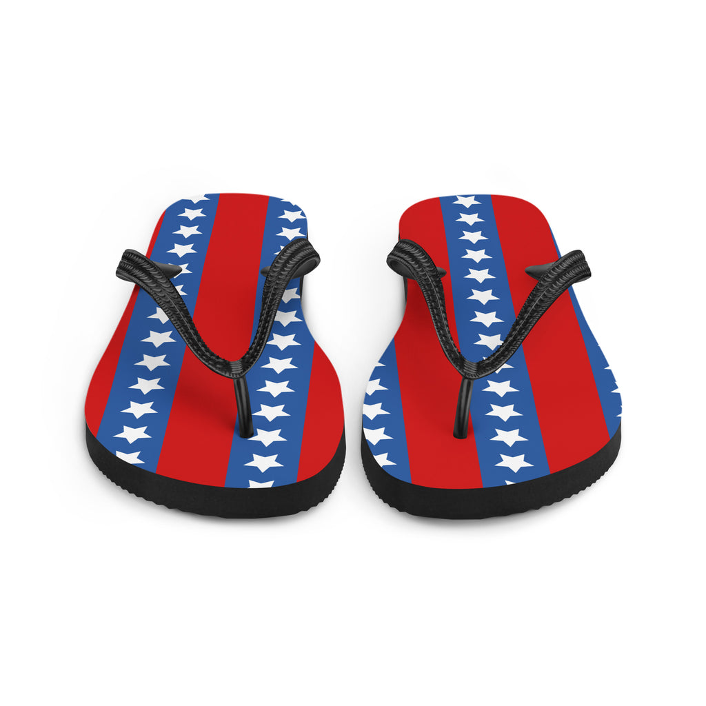 Pair of flip-flops with American flag design on a white background
