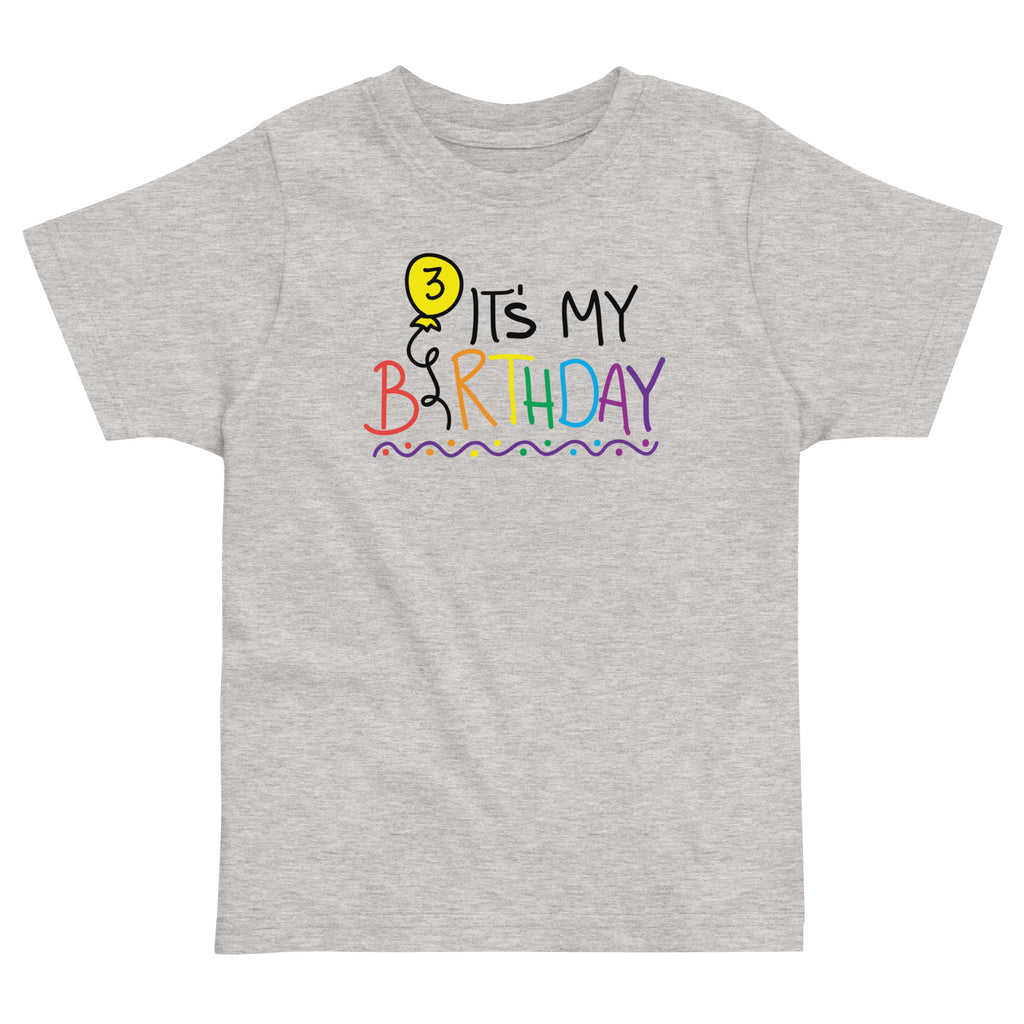 Sport Grey t-shirt with colorful 'It's My Birthday' text and number three design on a white background