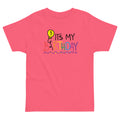 Pink t-shirt with colorful 'It's My Birthday' text and number three design on a white background