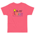 Pink t-shirt with 'It's My Birthday' text and balloon graphic on a white background