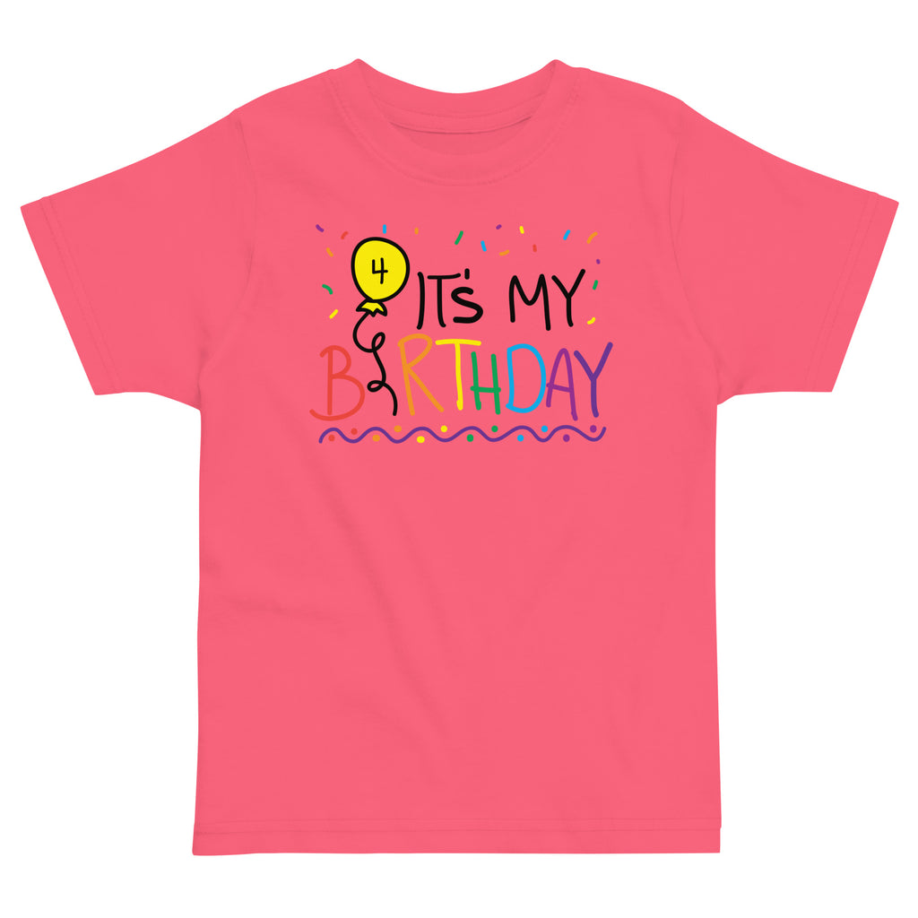 Pink t-shirt with 'It's My 4th Birthday' text and number 4 design on a white background
