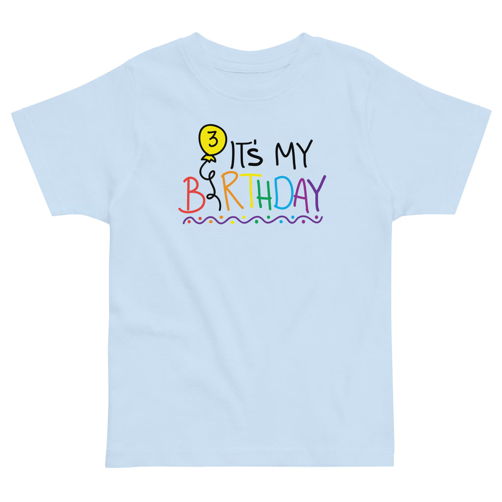 Light Blue t-shirt with colorful 'It's My Birthday' text and number three design on a white background