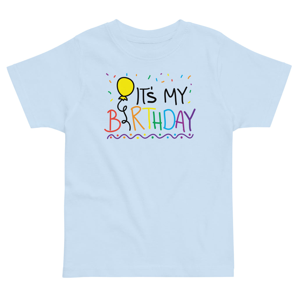 Light blue t-shirt with 'It's My Birthday' text and balloon design on a white background