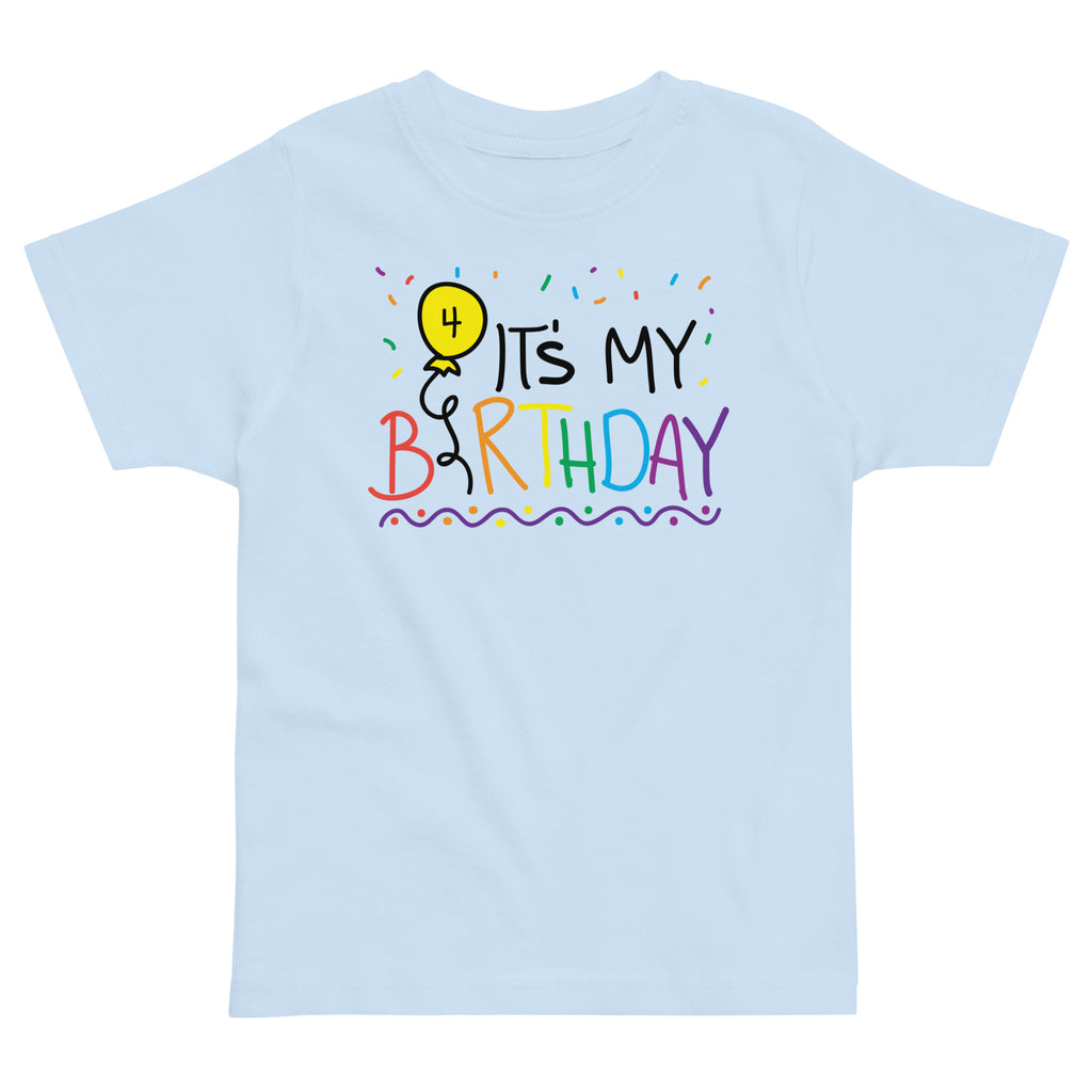 Light blue t-shirt with colorful 'It's My 4th Birthday' design on a white background