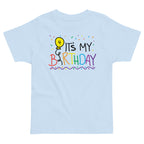 Light blue t-shirt with colorful 'It's My 4th Birthday' design on a white background