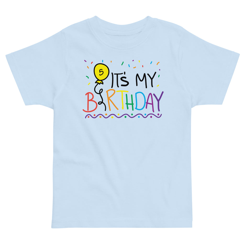 Light blue t-shirt with 'It's My 5th Birthday' text and balloon design on a white background
