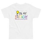 White t-shirt with 'It's My Birthday' text and balloon design on a white background