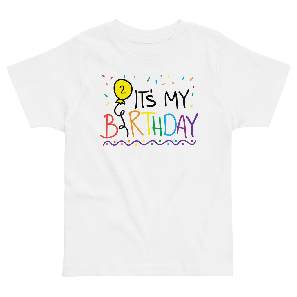 White t-shirt with colorful 'It's My 2nd Birthday' design featuring a balloon and number 2 on a white background.