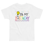 White t-shirt with colorful 'It's My 4th Birthday' design on a white background