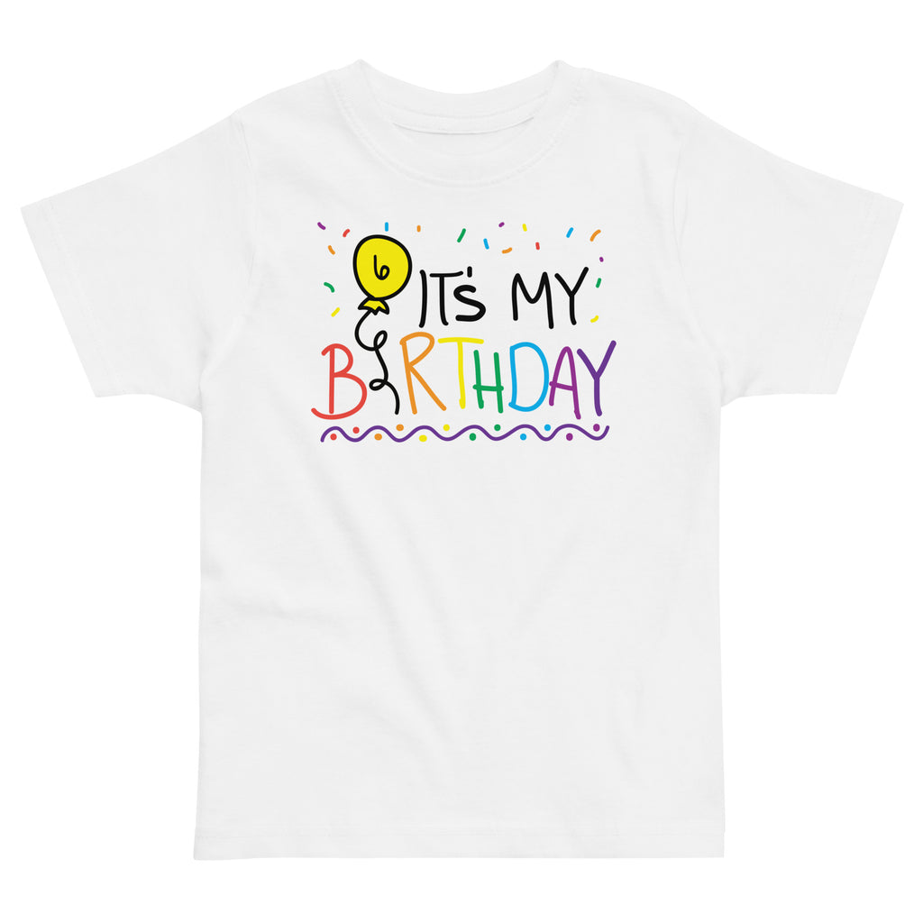 White t-shirt with 'It's My 6th Birthday' text and balloon graphic on a white background