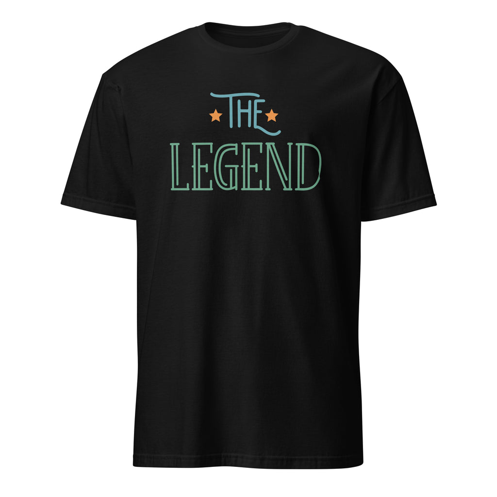 Black t-shirt with 'The Legend' text on a white background