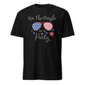 Black t-shirt with American flag sunglasses graphic and text on a white background