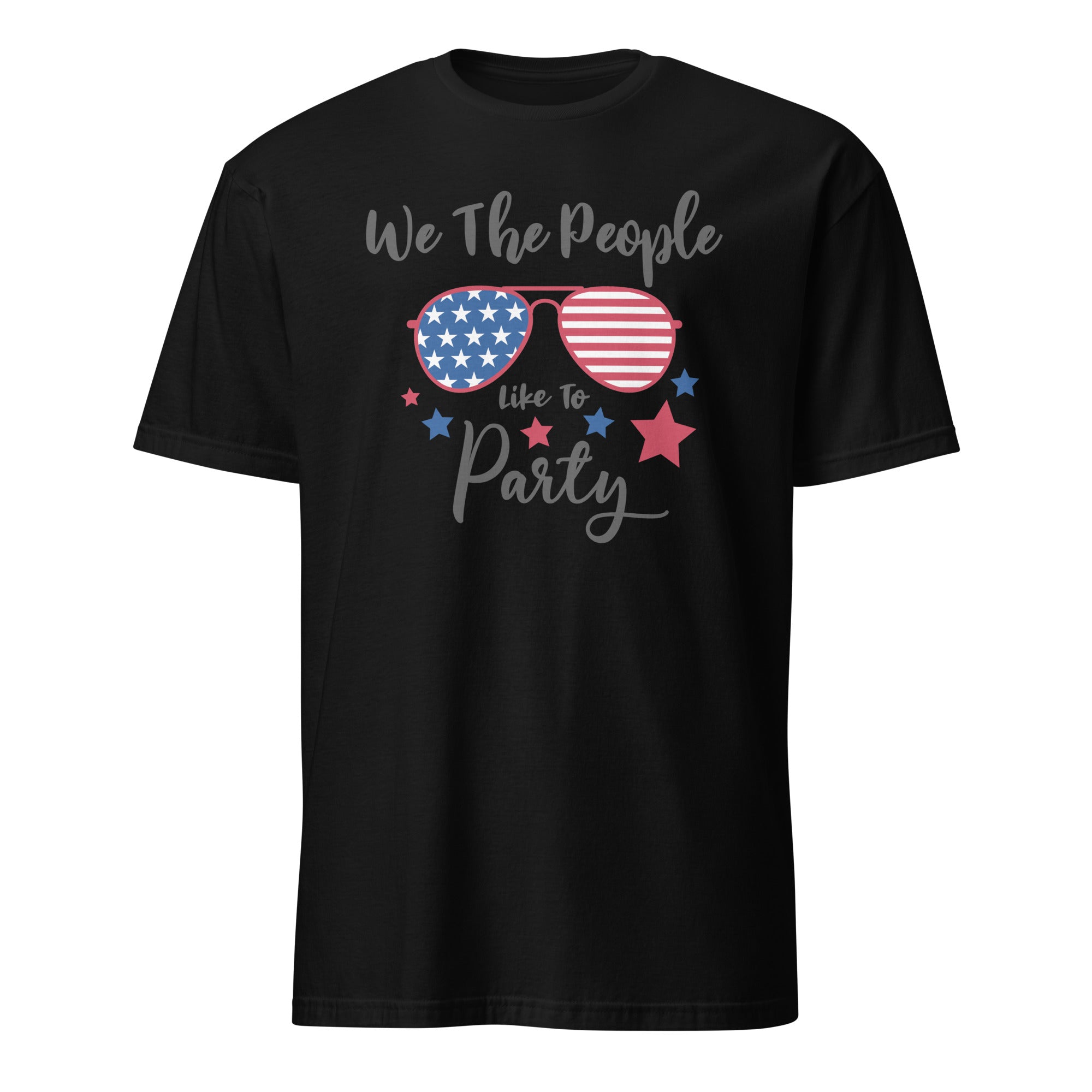 Black t-shirt with American flag sunglasses graphic and text on a white background