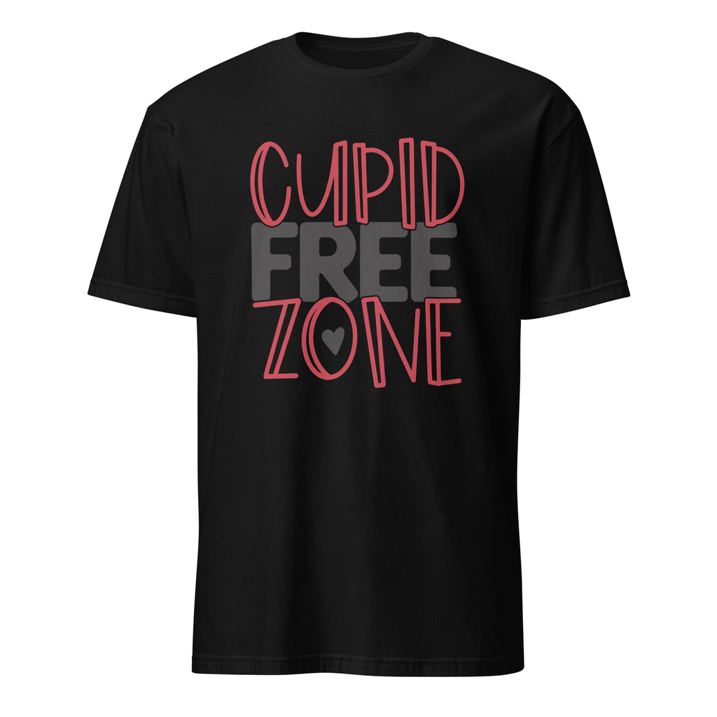 Black t-shirt with 'Cupid Free Zone' text in red and gray on a white background