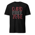 Black t-shirt with 'Cupid Free Zone' text in red and gray on a white background