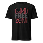 Black t-shirt with 'Cupid Free Zone' text in red and gray on a white background