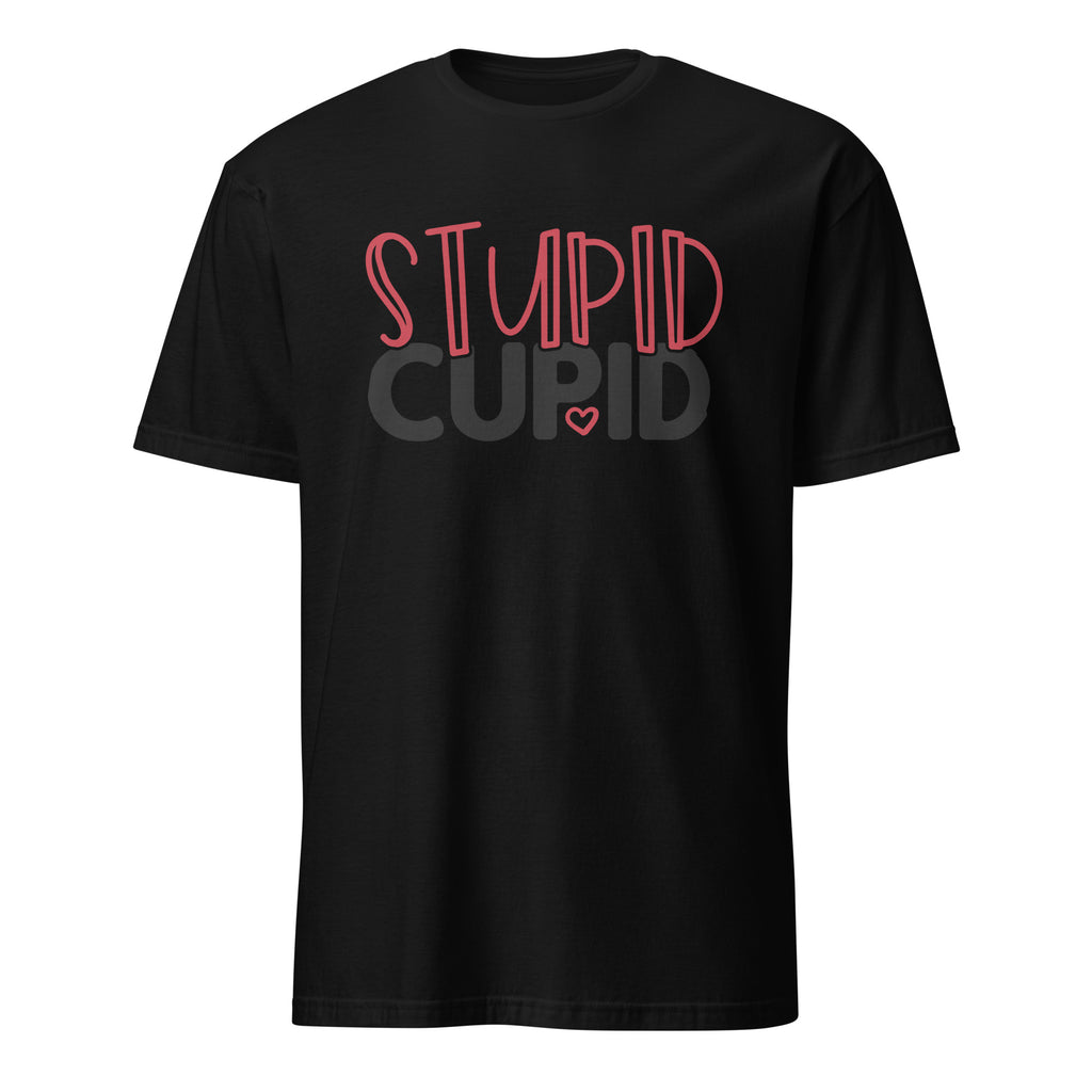 Black t-shirt with pink and gray text on a white background