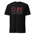 Black t-shirt with pink and gray text on a white background