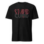 Black t-shirt with pink and gray text on a white background