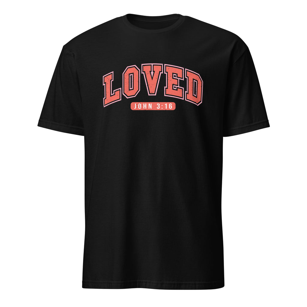 Black t-shirt with 'LOVED John 3:16' text in red on a white background