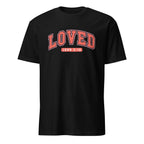 Black t-shirt with 'LOVED John 3:16' text in red on a white background