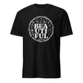 Black t-shirt with white text and design on a white background