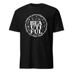 Black t-shirt with white text and design on a white background