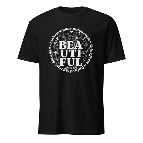Black t-shirt with white text and design on a white background
