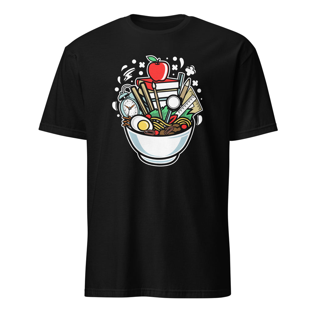 Black t-shirt with a colorful graphic design on a white background