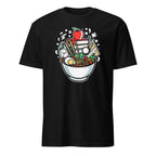 Black t-shirt with a colorful graphic design on a white background