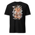 Black t-shirt with a Halloween-themed design featuring a pumpkin and skeleton on a white background
