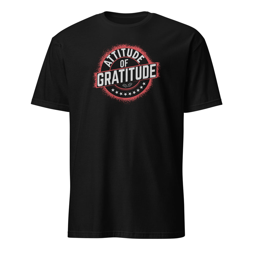 Black t-shirt with 'Attitude of Gratitude' graphic design on a white background