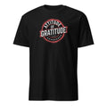 Black t-shirt with 'Attitude of Gratitude' graphic design on a white background