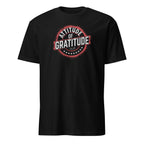 Black t-shirt with 'Attitude of Gratitude' graphic design on a white background