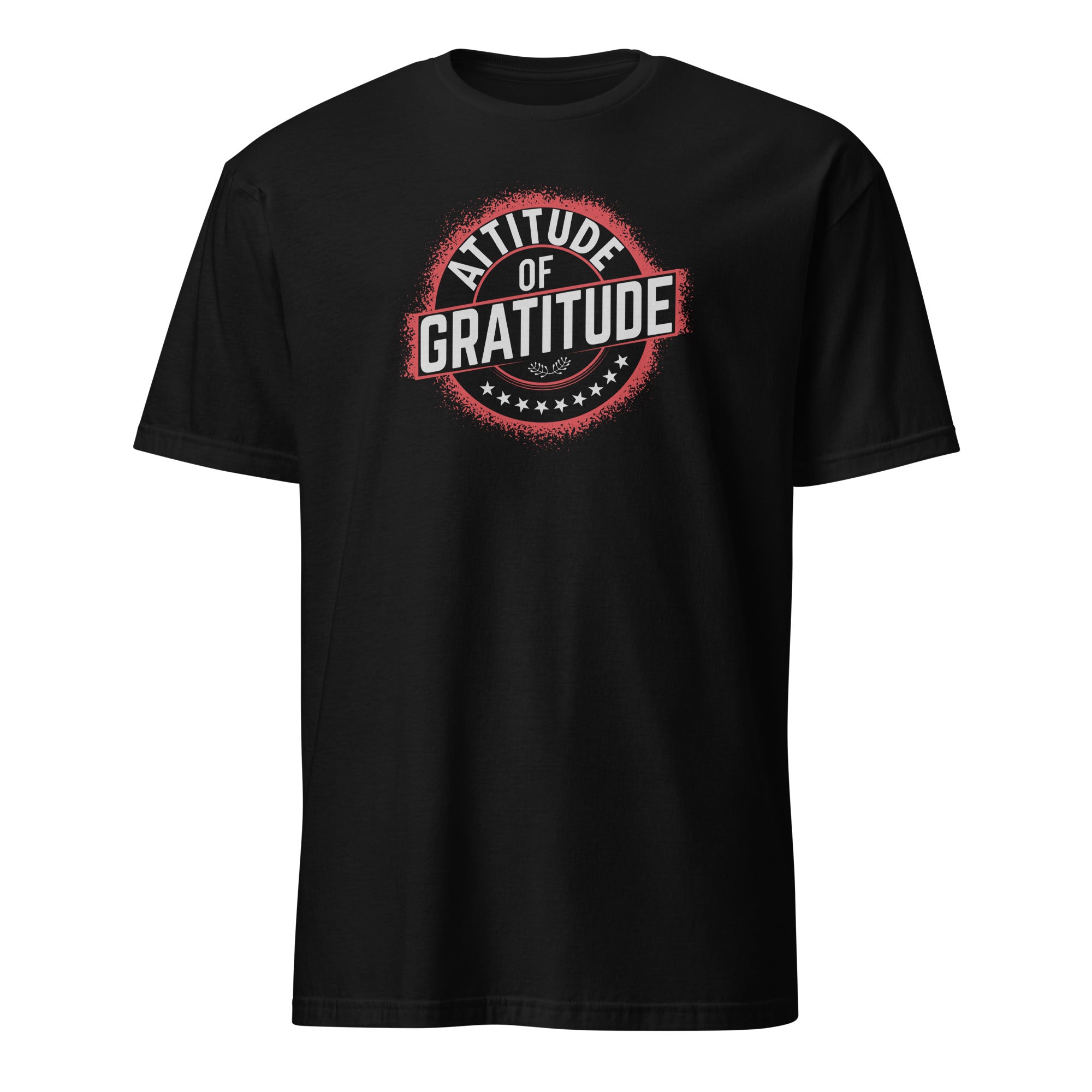Black t-shirt with 'Attitude of Gratitude' graphic design on a white background