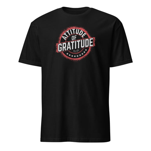 Black t-shirt with 'Attitude of Gratitude' graphic design on a white background