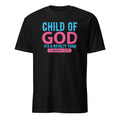 Black t-shirt with 'Child of God, it's a royalty thing' text in blue and pink on a white background