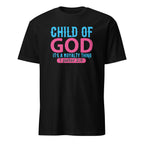 Black t-shirt with 'Child of God, it's a royalty thing' text in blue and pink on a white background
