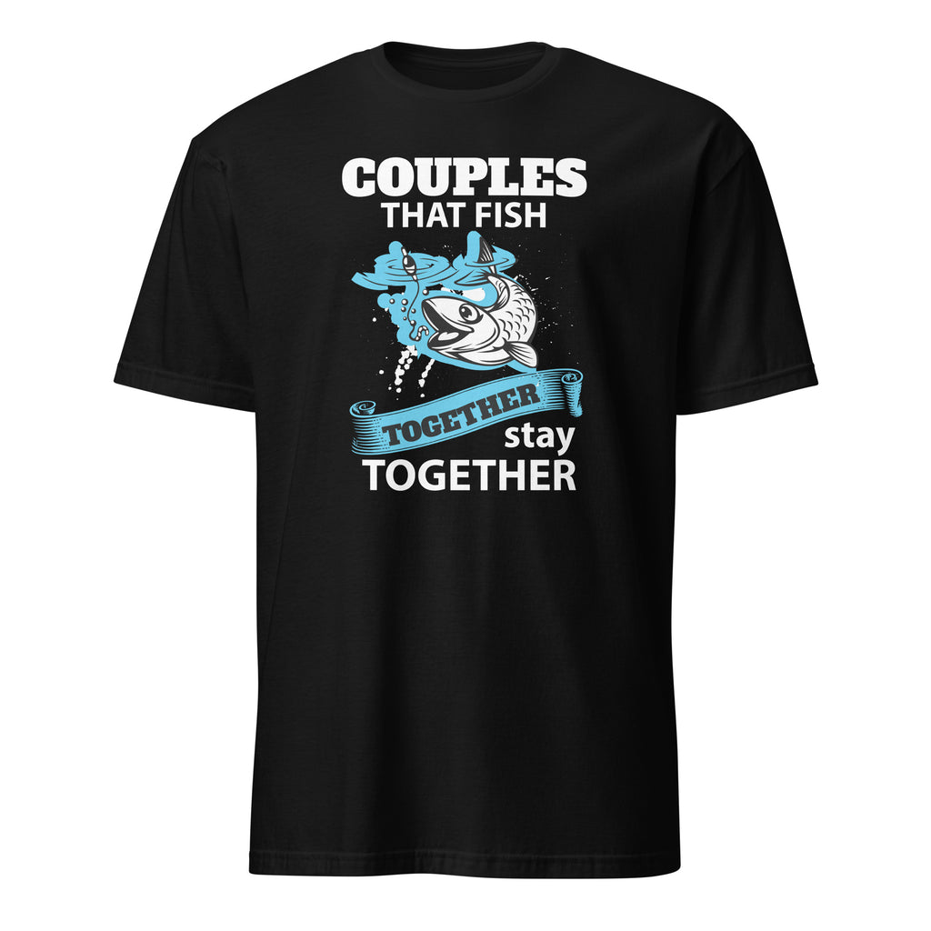 Black t-shirt with fishing-themed graphic and text on a white background