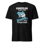 Black t-shirt with fishing-themed graphic and text on a white background
