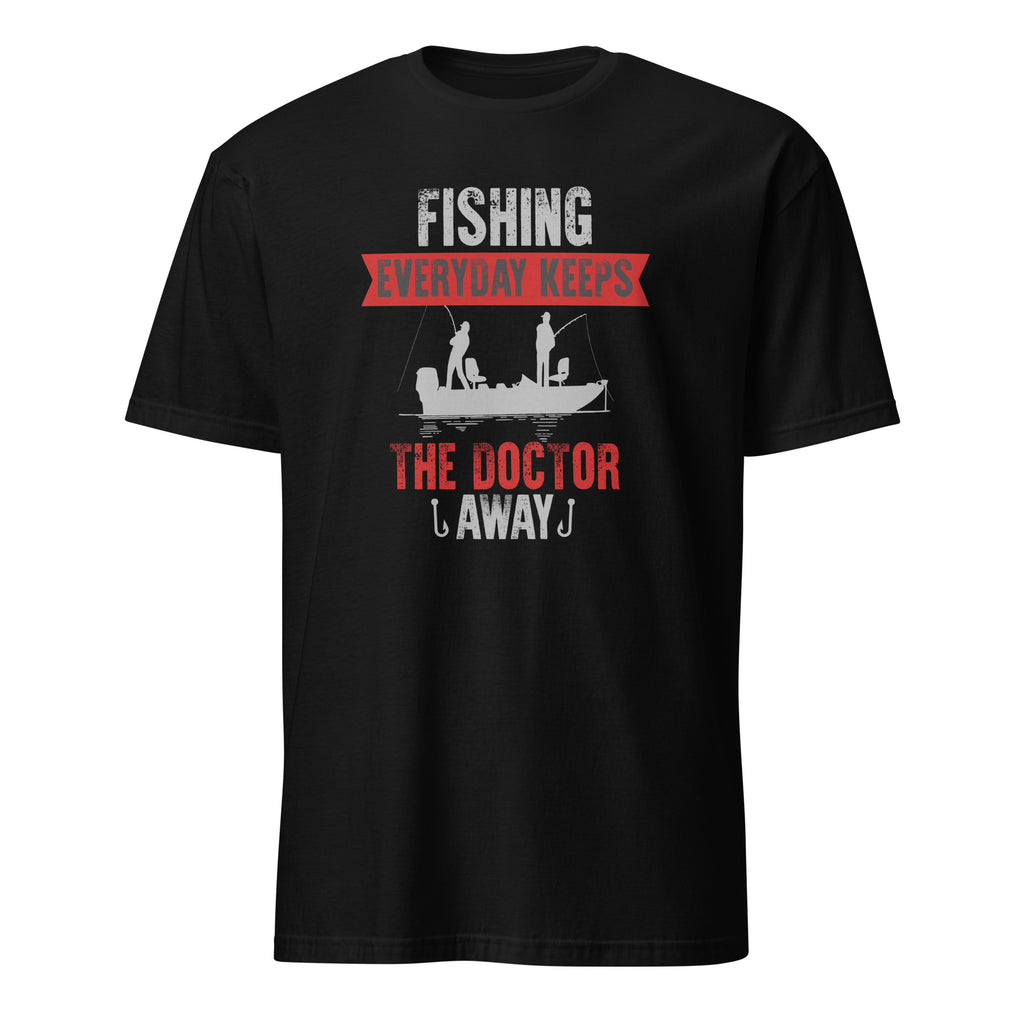 Black t-shirt with fishing graphic and text on a white background