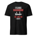Black t-shirt with fishing graphic and text on a white background