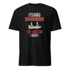 Black t-shirt with fishing graphic and text on a white background
